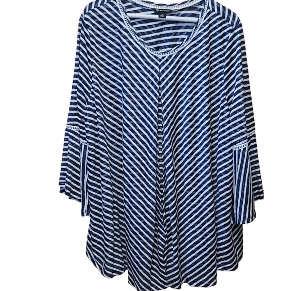 New Directions Curvy Navy Blue White Striped Bell Sleeve Tunic Top Plus Size 1x